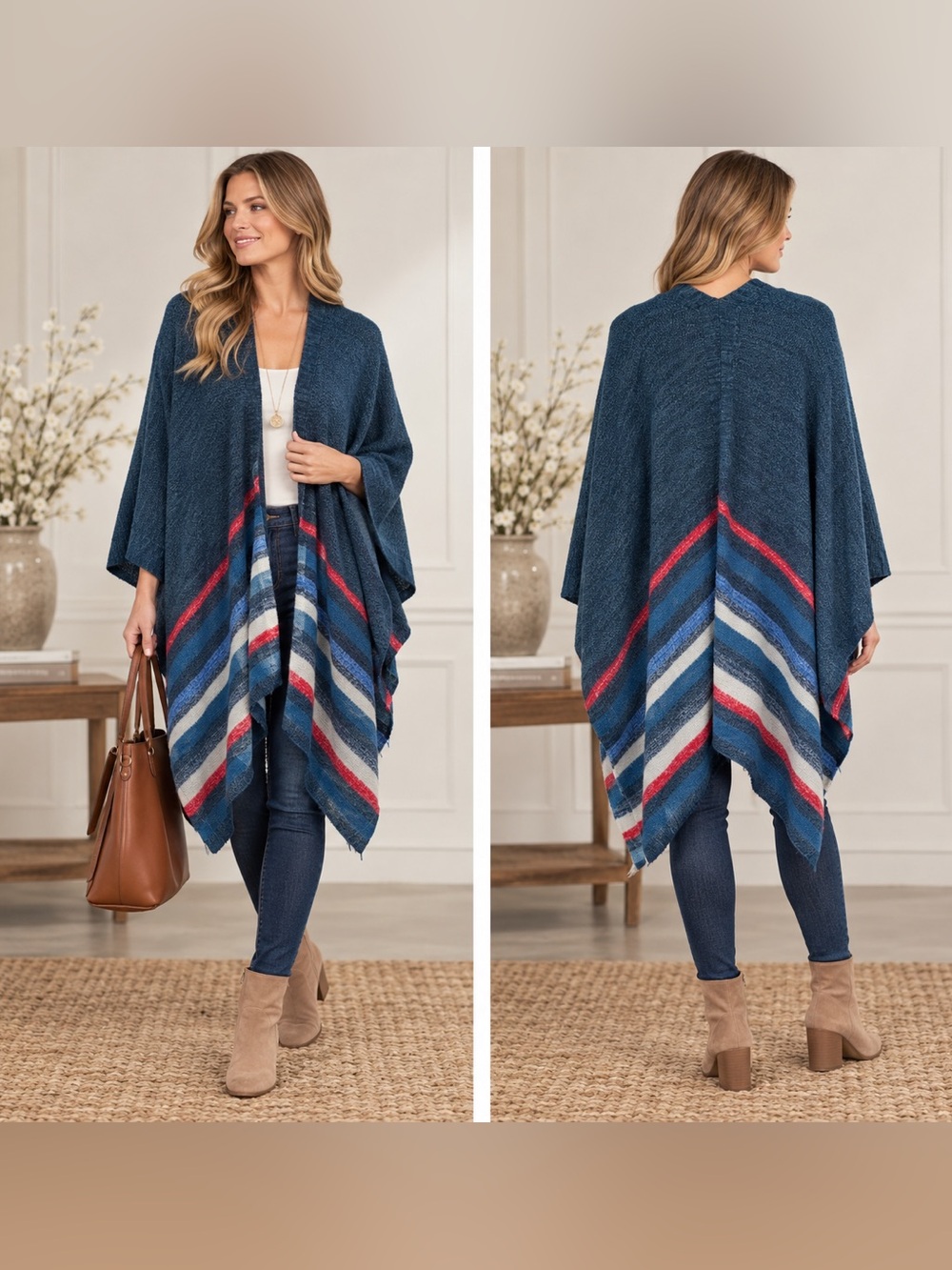 BCBGMaxAzria Blue Striped Knit Poncho Ruana OS